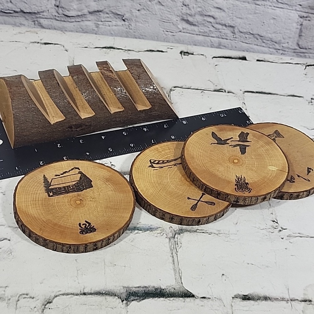 On The Lake Rustic Wooden Coasters Log Slice Burned Etched Images Rustic Set 4 - Picture 8 of 8